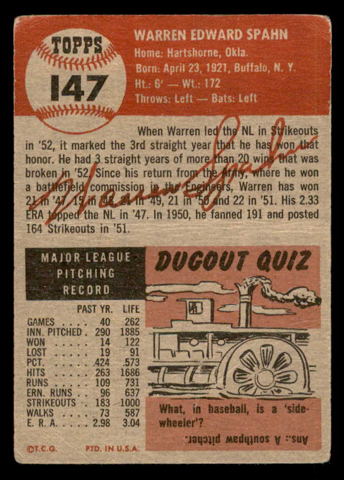 1953 Topps Baseball #147 Warren Spahn Braves FR-GD 563107