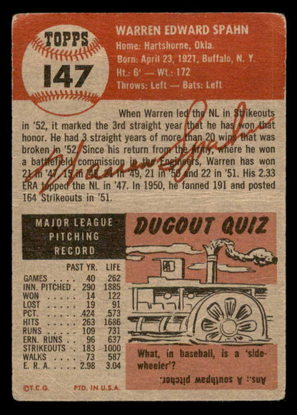1953 Topps Baseball #147 Warren Spahn Braves FR-GD 563107