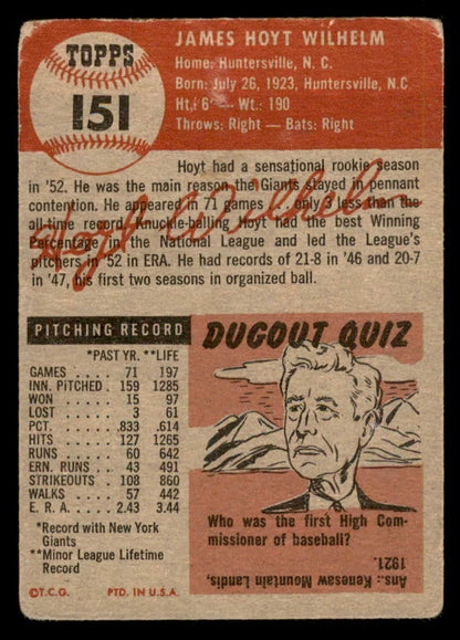 1953 Topps Baseball #151 Hoyt Wilhelm Giants FR-GD 563109