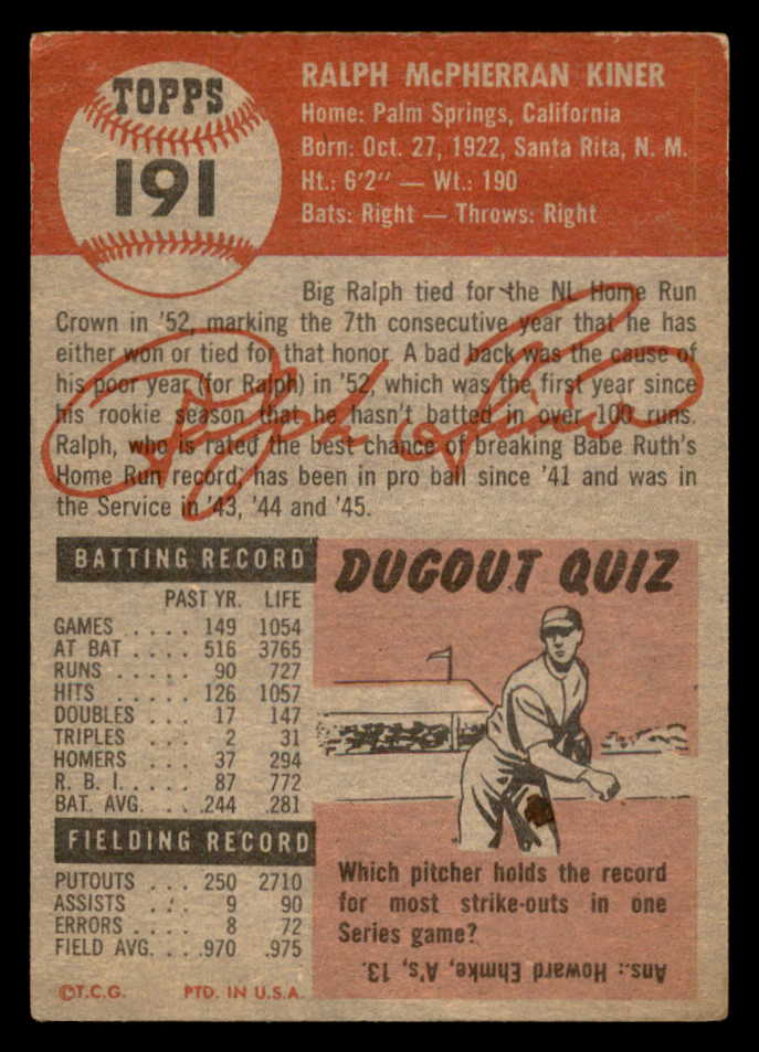 1953 Topps Baseball #191 Ralph Kiner Pirates GD-VG 563110