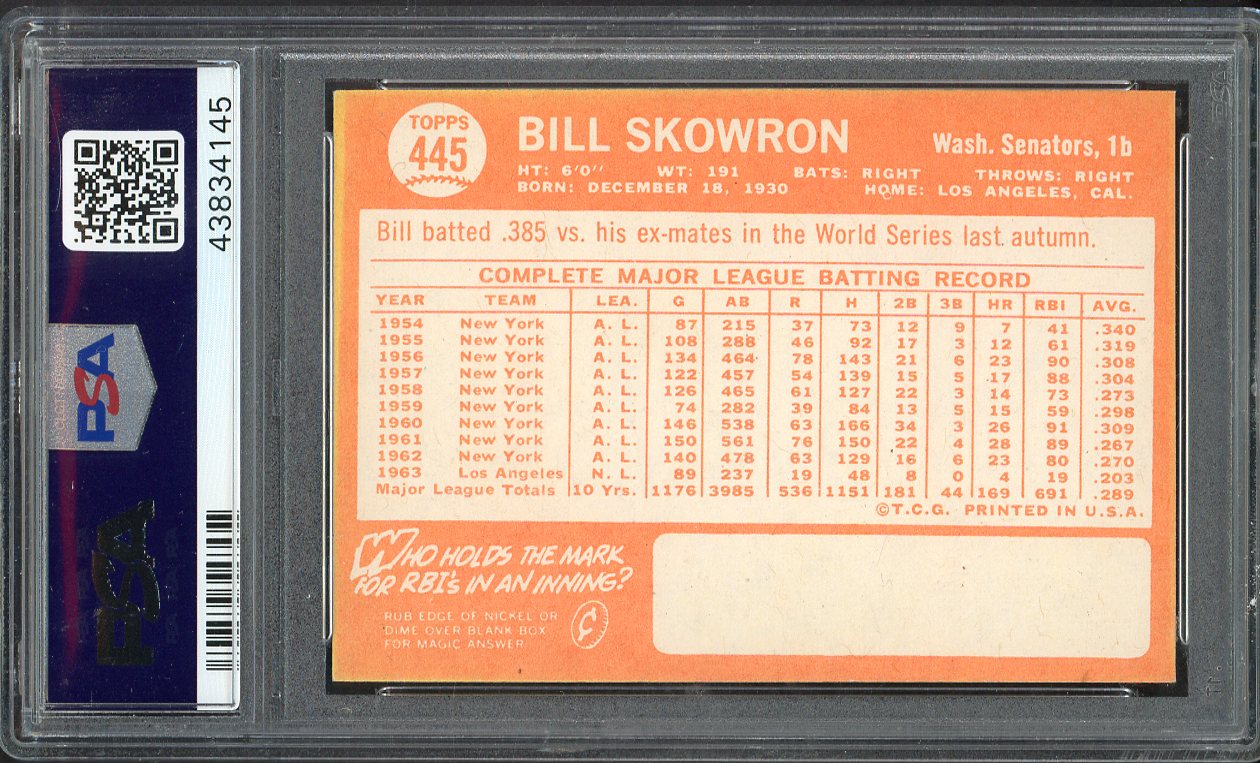 1964 Topps Baseball #445 Bill Skowron White Sox PSA 8.5 NM/MT+ 563127