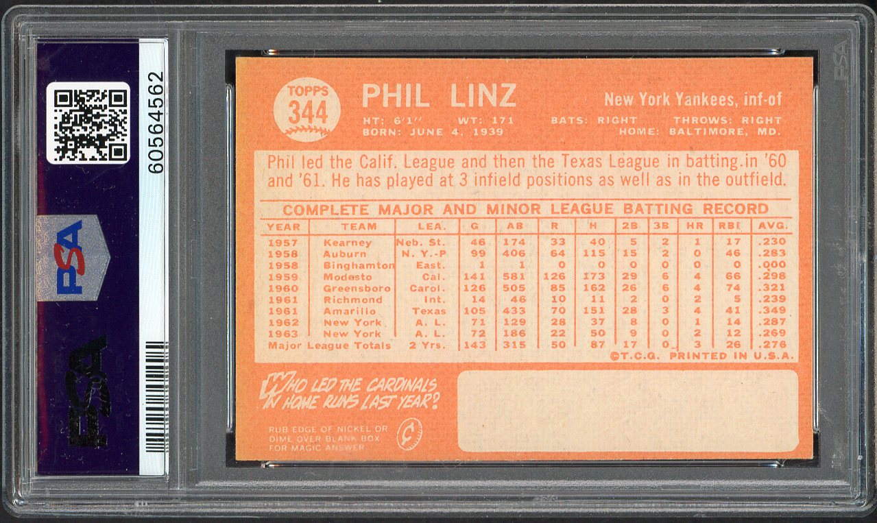 1964 Topps Baseball #344 Phil Linz Yankees PSA 7 NM 563130