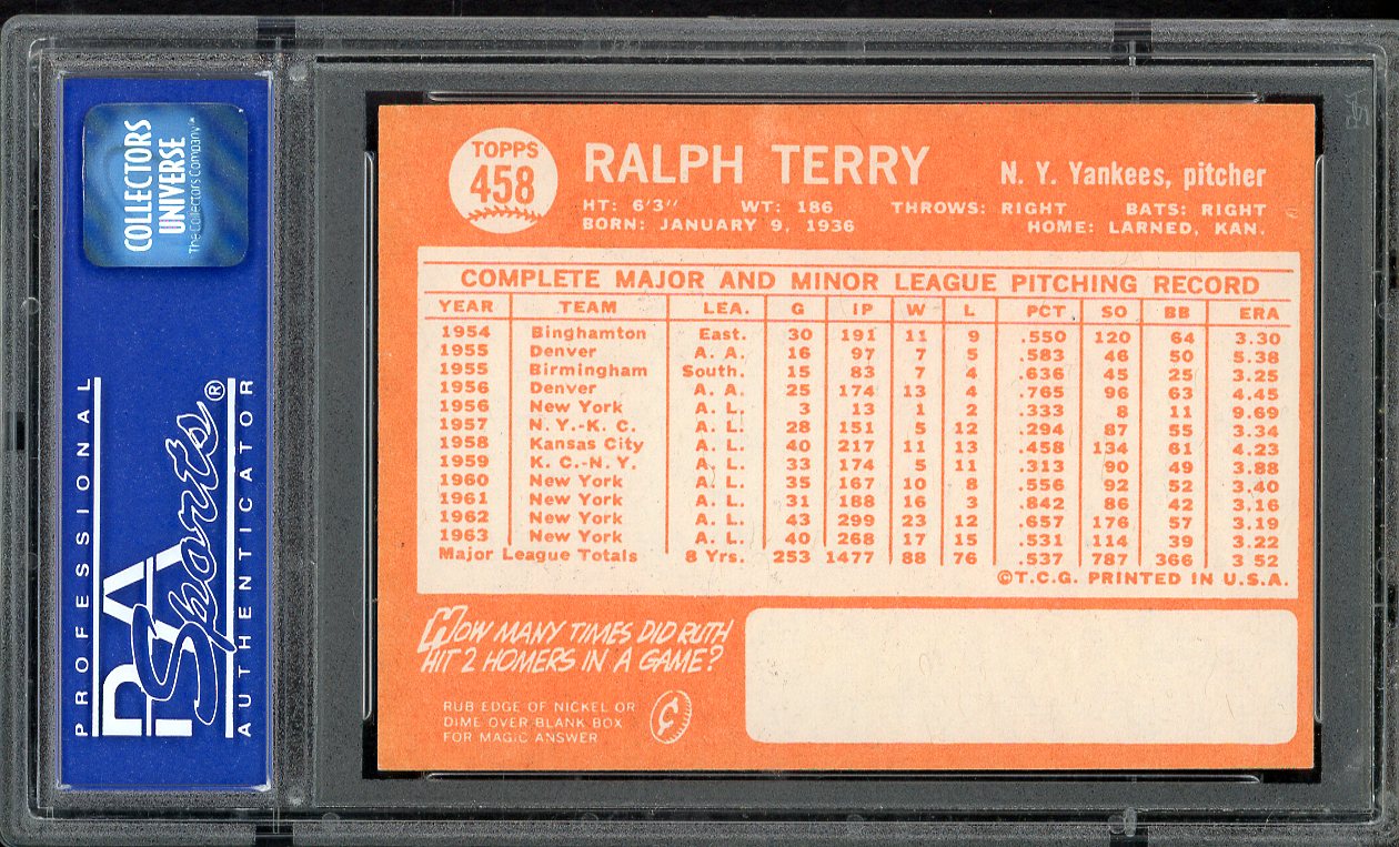 1964 Topps Baseball #458 Ralph Terry Yankees PSA 8 NM/MT 563131