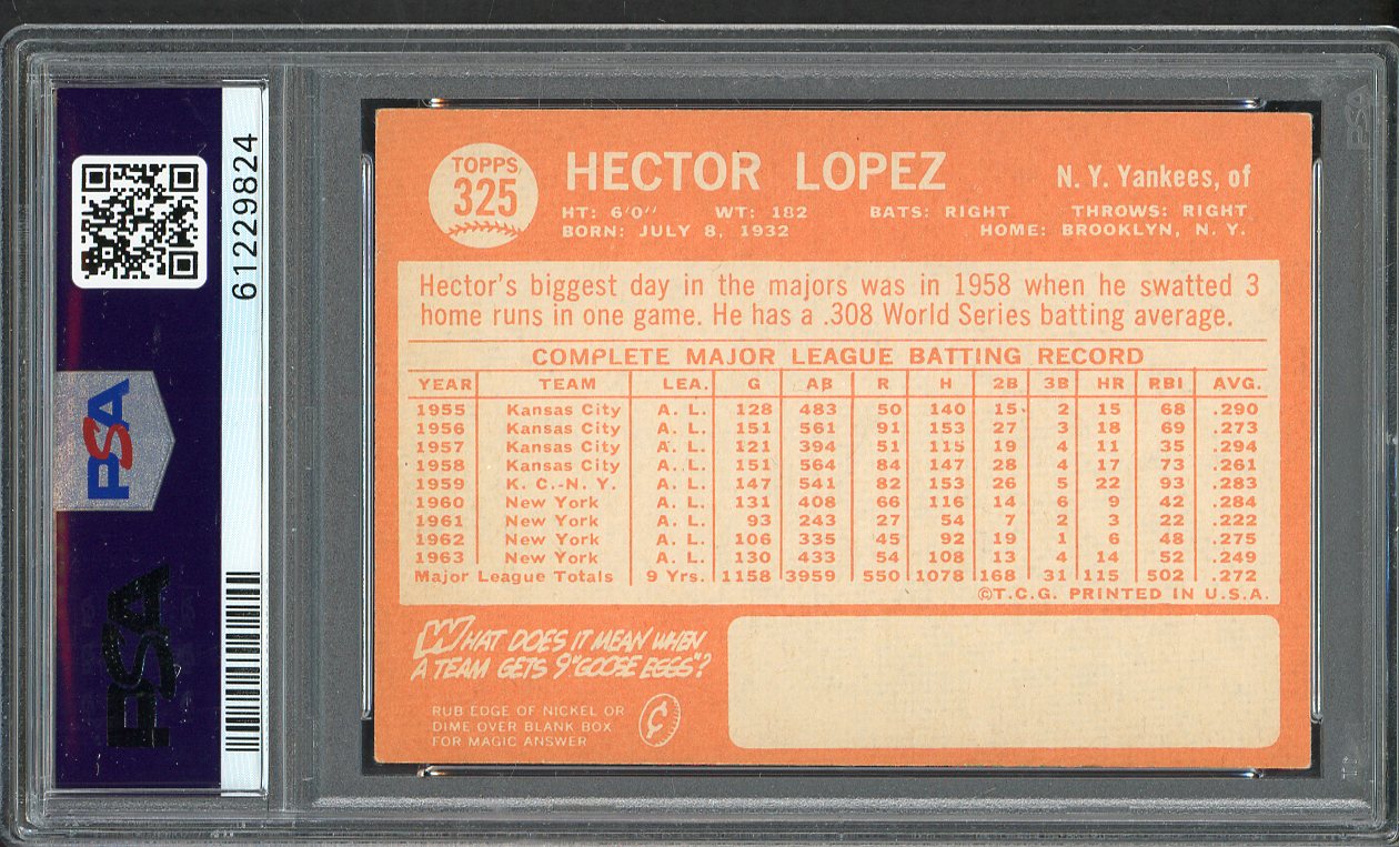 1964 Topps Baseball #325 Hector Lopez Yankees PSA 6 EX-MT 563132