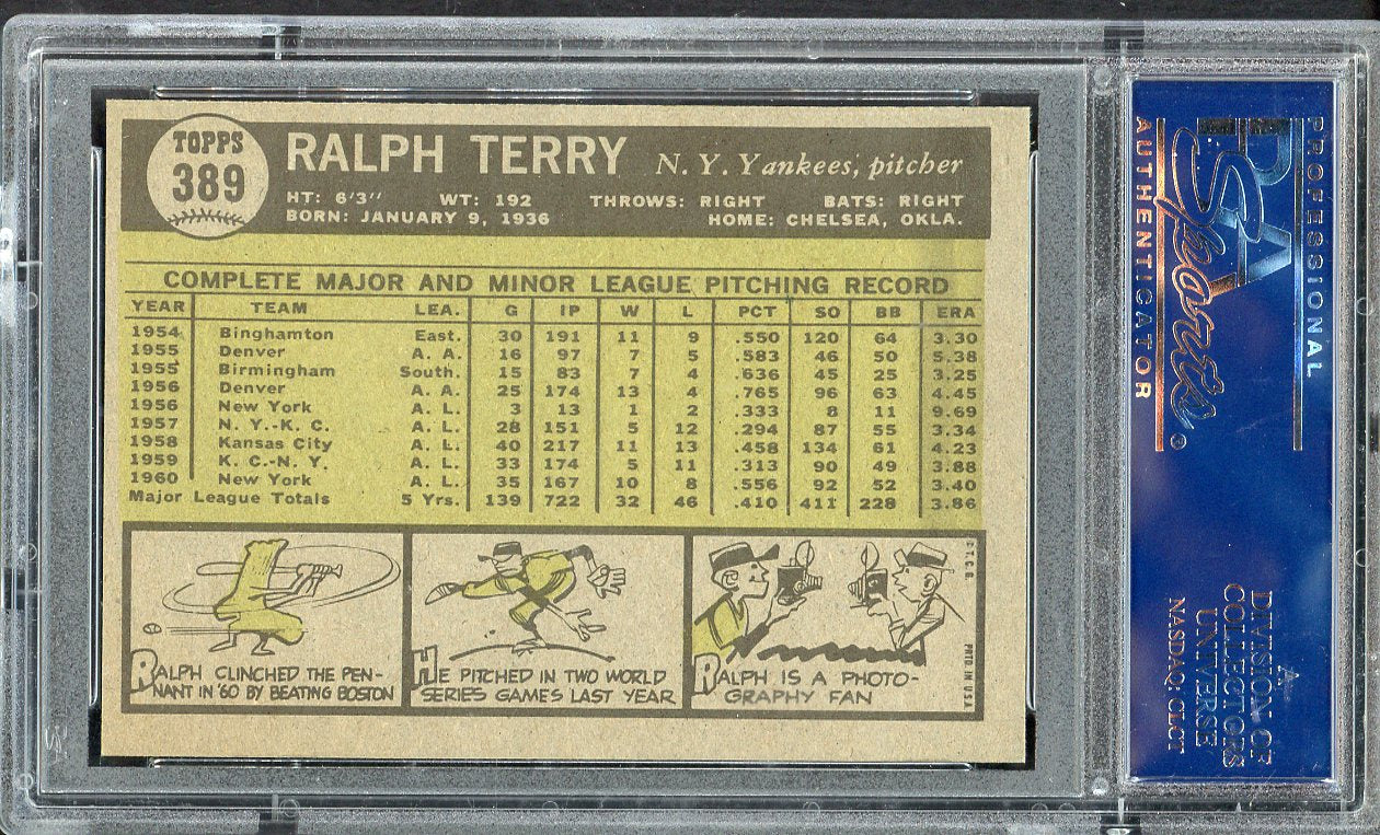 1961 Topps Baseball #389 Ralph Terry Yankees PSA 8 NM/MT 563135