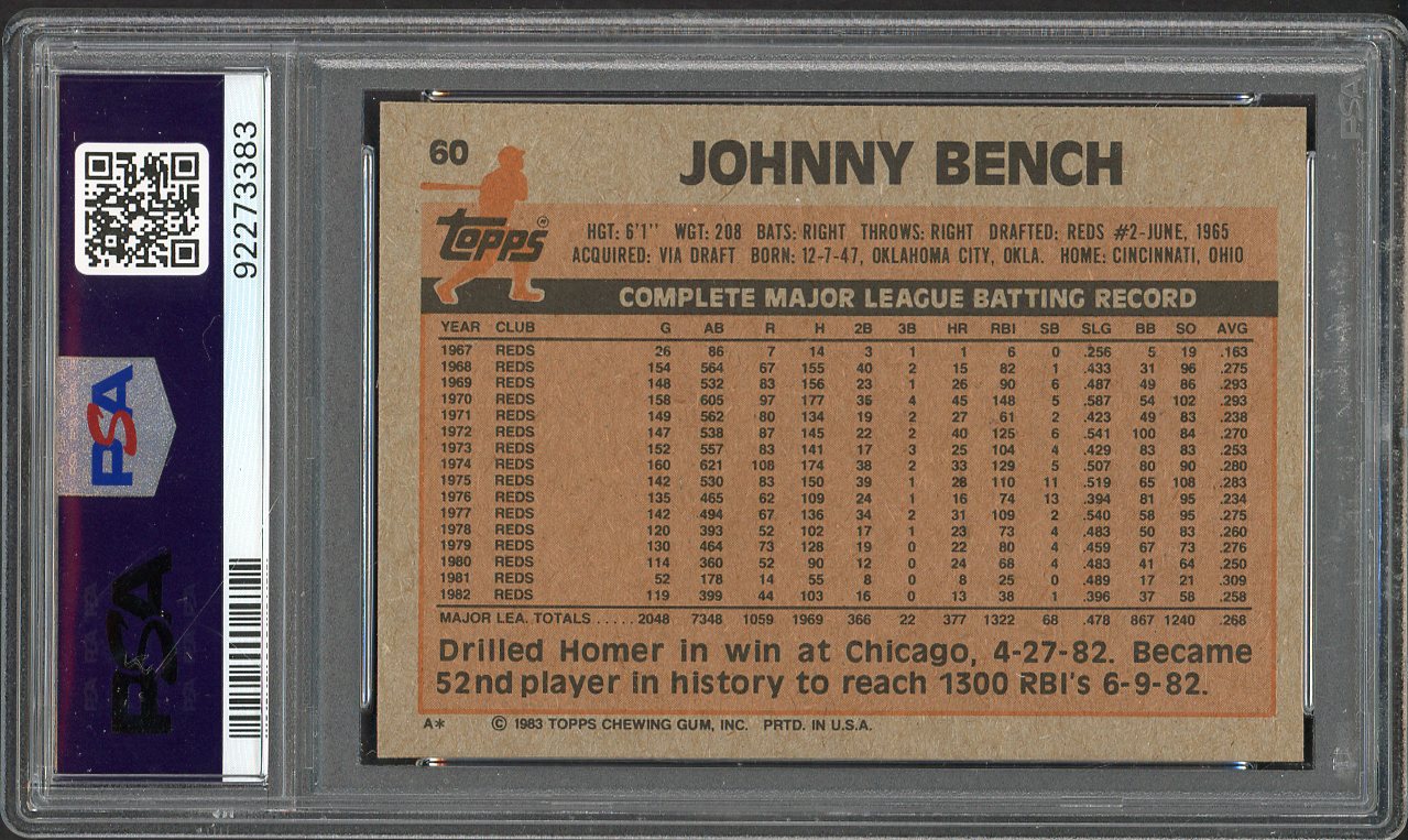1983 Topps # 60 Johnny Bench Reds PSA 10 GEM MINT 563137