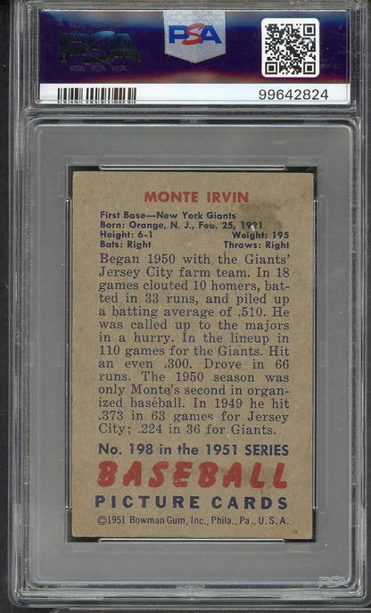 1951 Bowman Baseball #198 Monte Irvin Giants PSA 4 VG-EX 563143