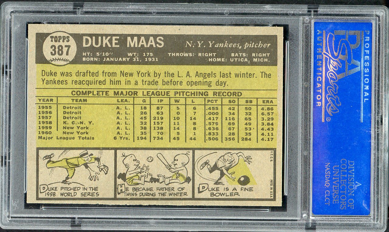 1961 Topps Baseball #387 Duke Maas Yankees PSA 9 MINT 563150