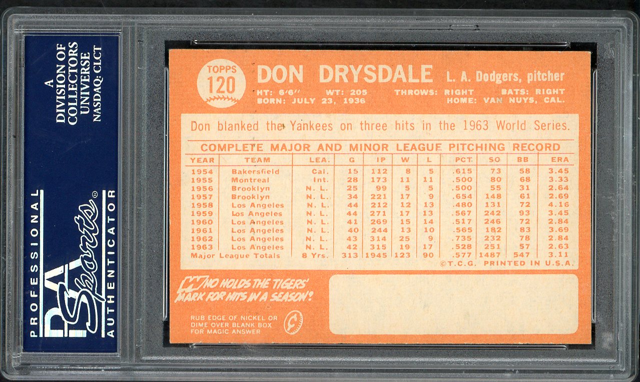1964 Topps Baseball #120 Don Drysdale Dodgers PSA 7 NM 563154