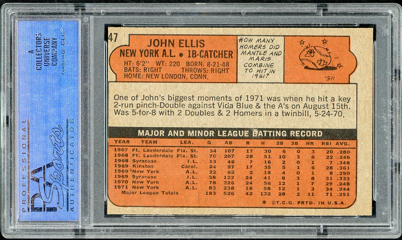 1972 Topps Baseball #047 John Ellis Yankees PSA 7 NM 563158