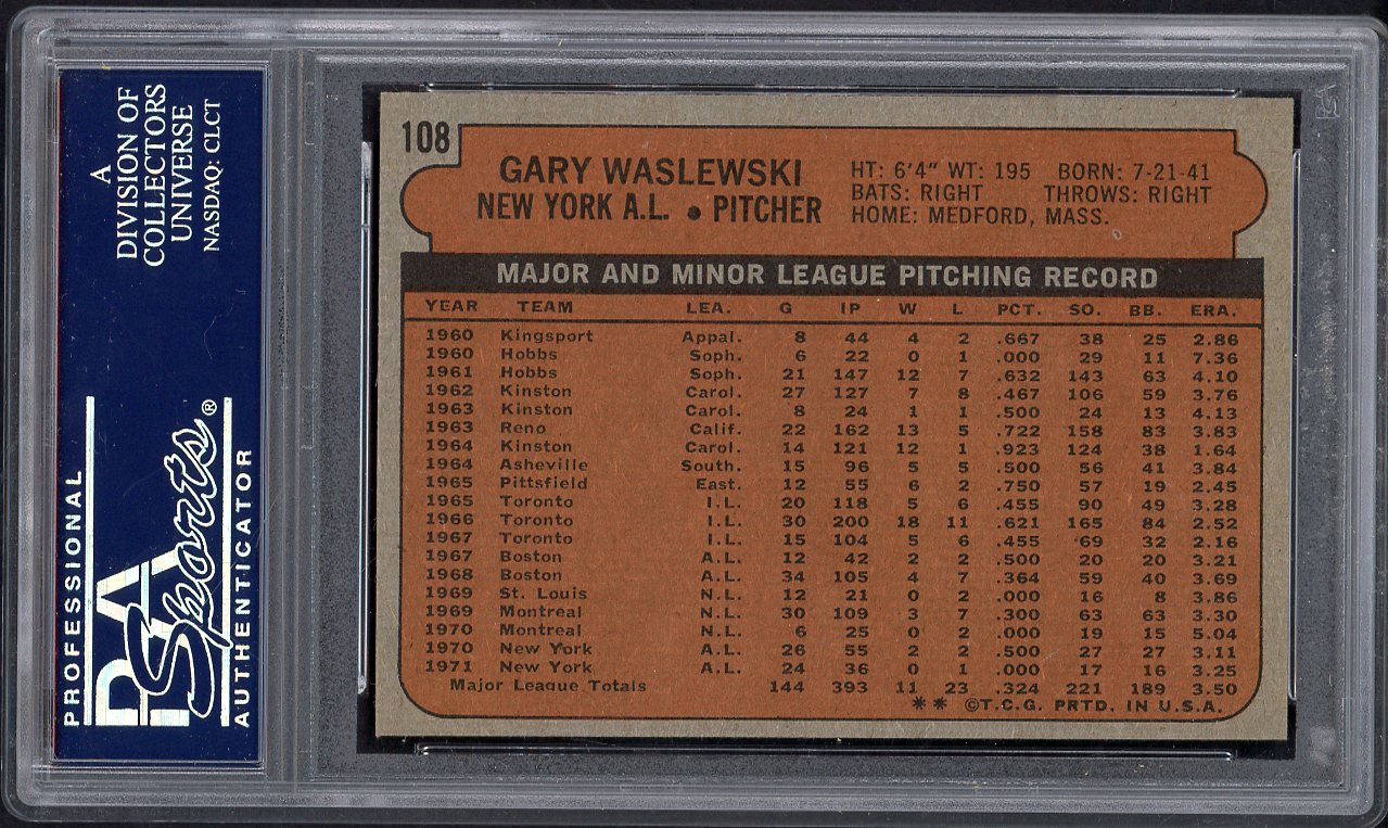 1972 Topps Baseball #108 Gary Waslewski Yankees PSA 9 MINT 563161
