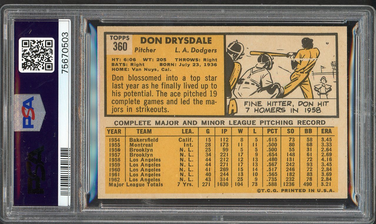1963 Topps Baseball #360 Don Drysdale Dodgers PSA 6 EX-MT 563162