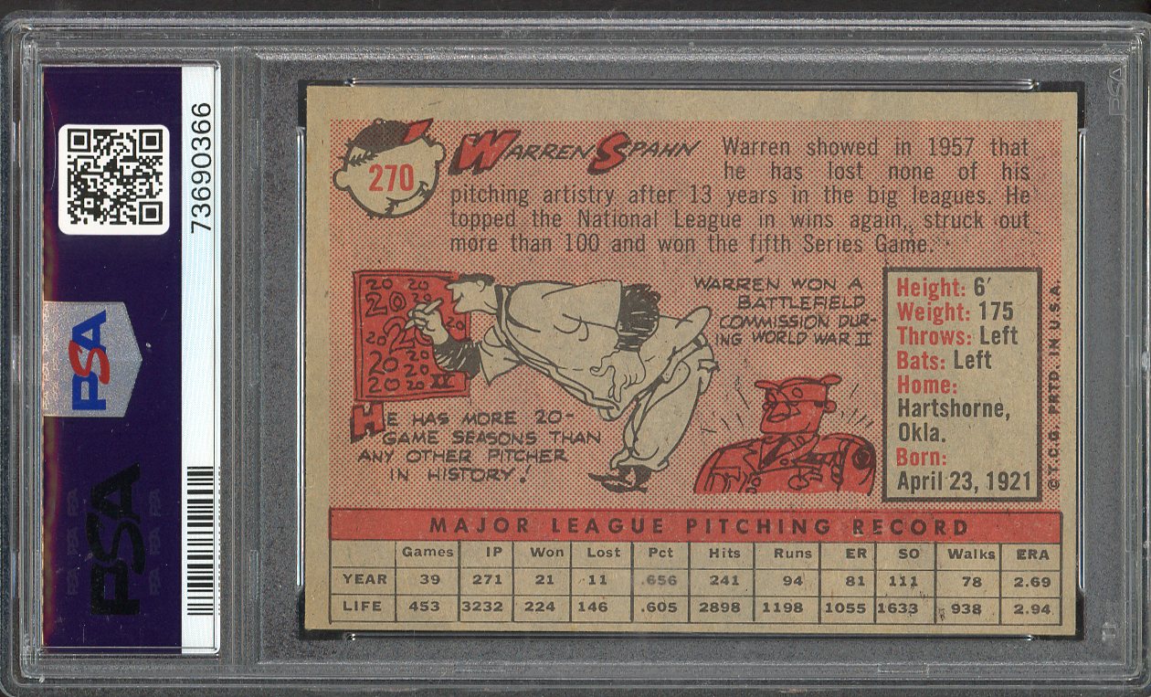 1958 Topps Baseball #270 Warren Spahn Braves PSA 6 EX-MT 563163