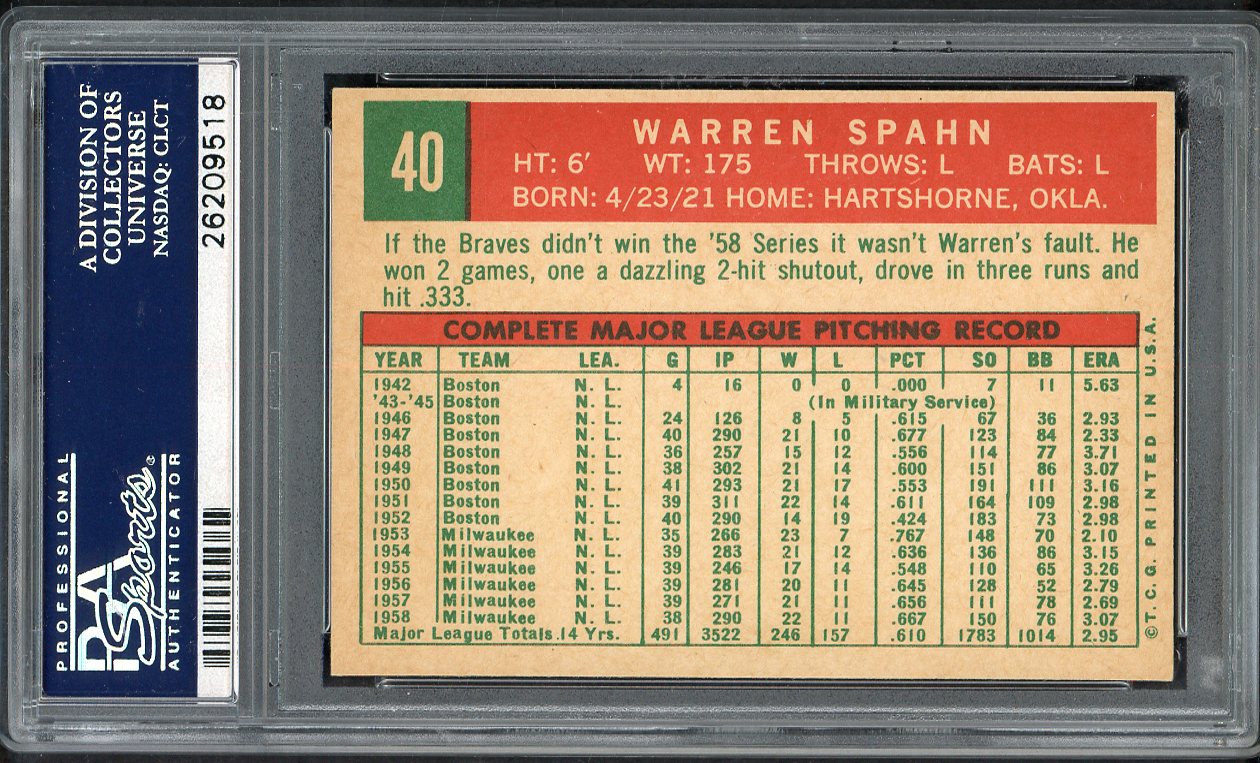 1959 Topps Baseball #040 Warren Spahn Braves PSA 6 EX-MT 1921 563164