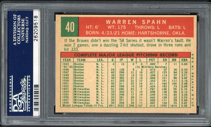 1959 Topps Baseball #040 Warren Spahn Braves PSA 6 EX-MT 1921 563164