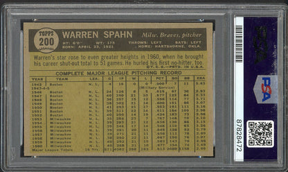 1961 Topps Baseball #200 Warren Spahn Braves PSA 7 NM 563165
