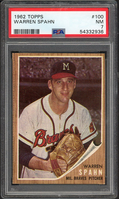 1962 Topps Baseball #100 Warren Spahn Braves PSA 7 NM 563166