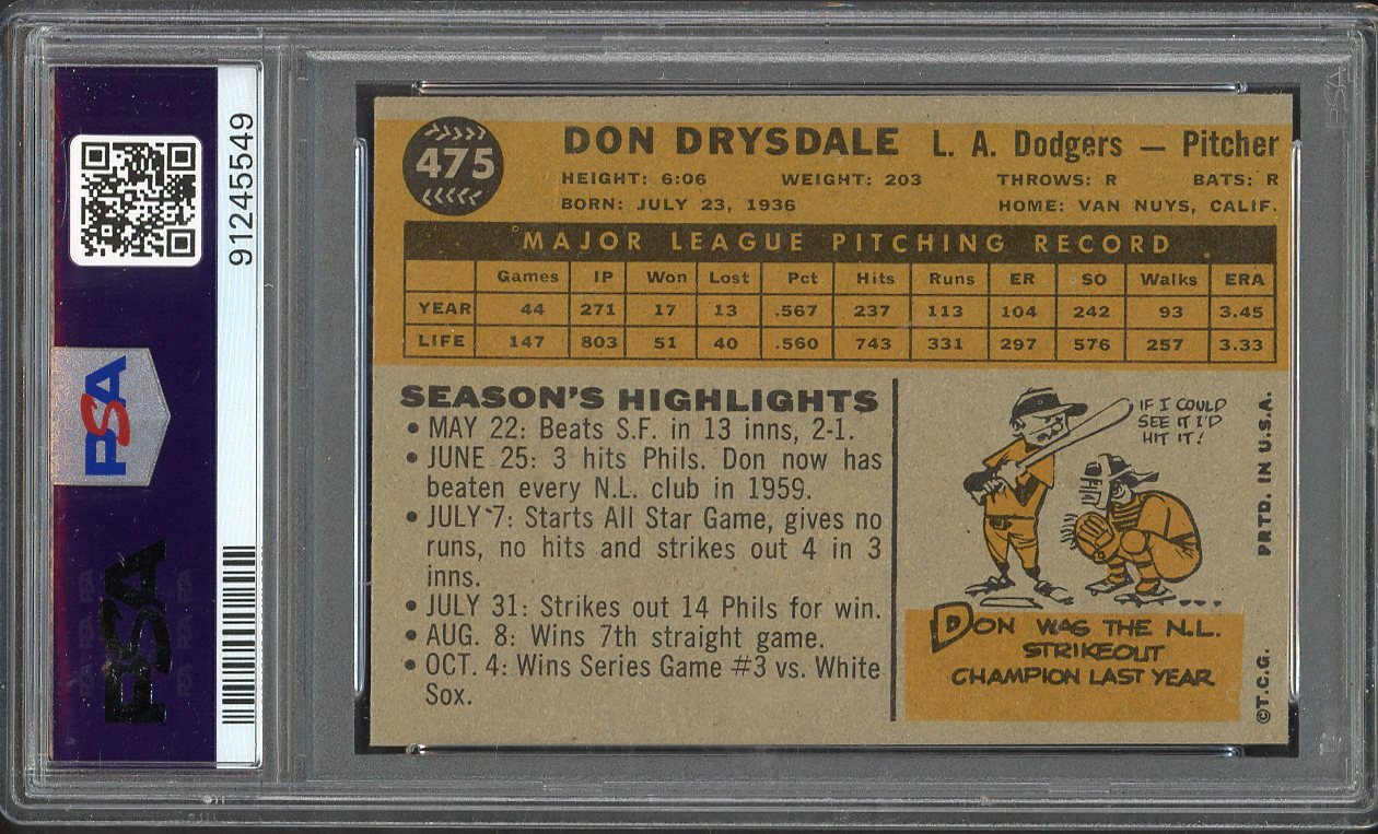 1960 Topps Baseball #475 Don Drysdale Dodgers PSA 7 NM 563179