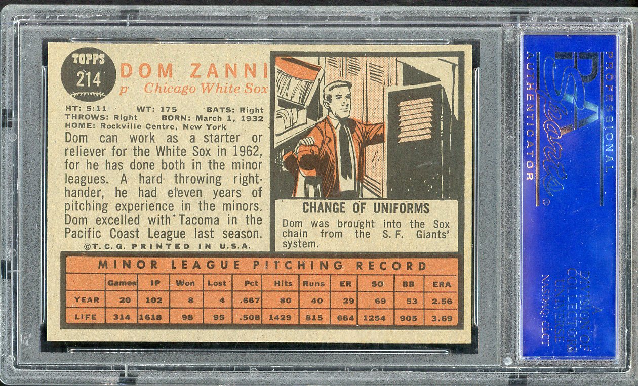 1962 Topps Baseball #214 Dom Zanni White Sox PSA 7 NM 563183