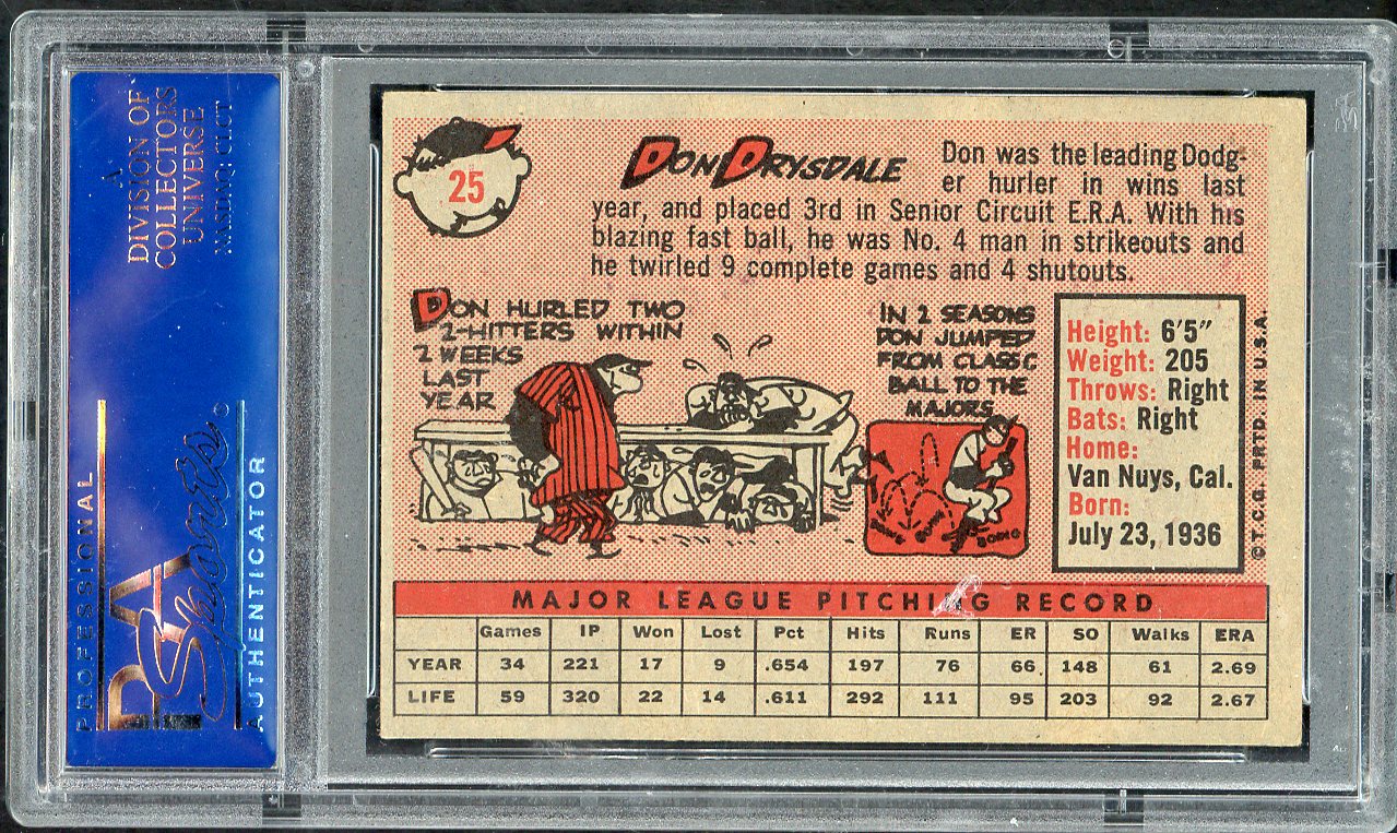 1958 Topps Baseball #025 Don Drysdale Dodgers PSA 6 EX-MT 563186