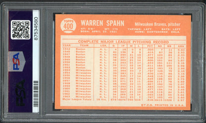 1964 Topps Baseball #400 Warren Spahn Braves PSA 7 NM 563190