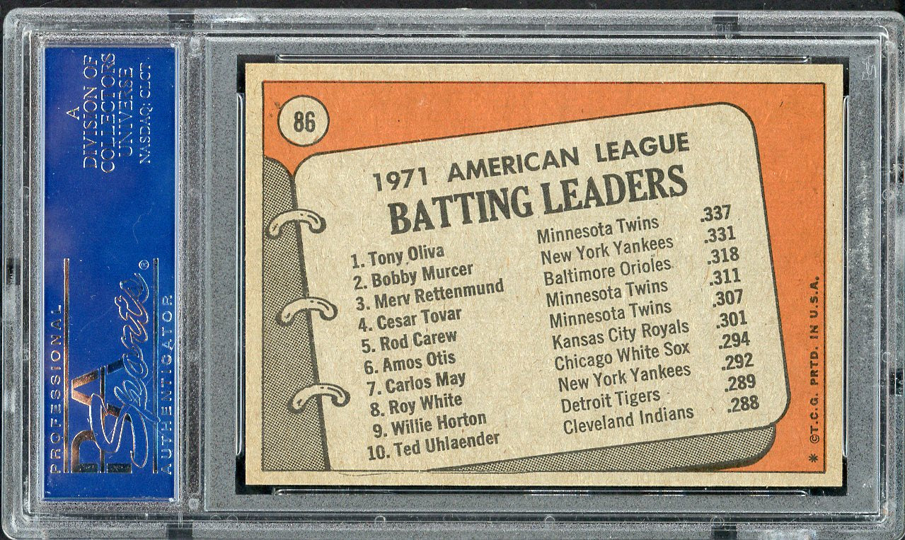1972 Topps Baseball #086 A.L. Batting Leaders Tony Oliva PSA 9 MINT 563193