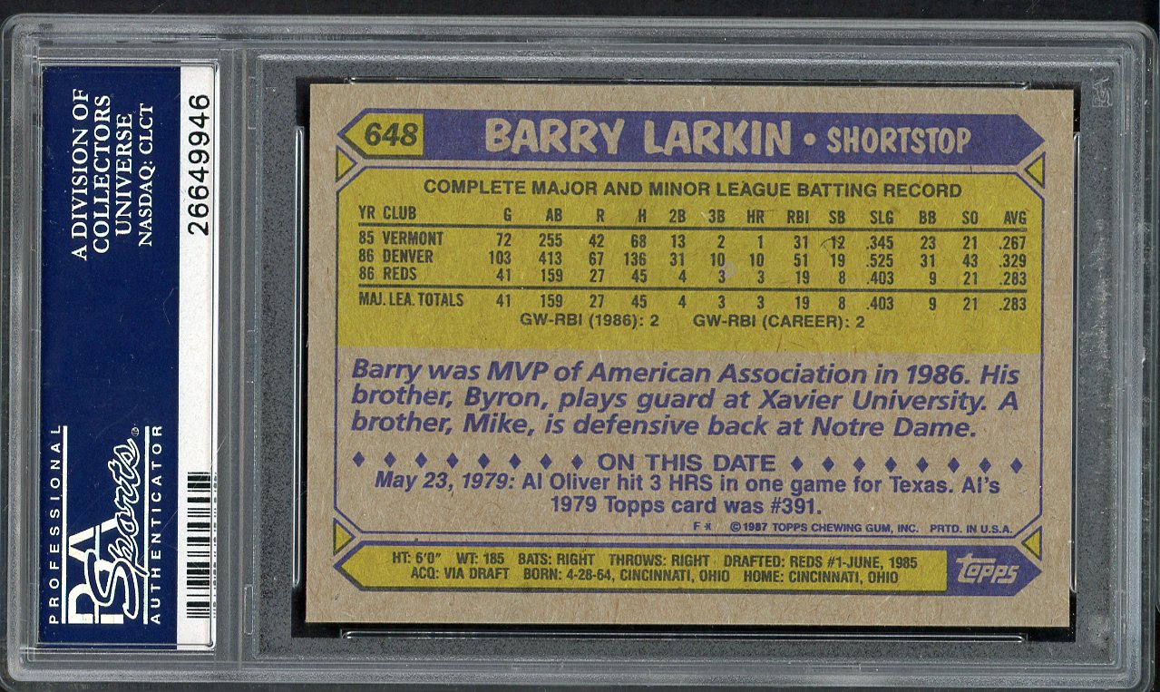 1987 Topps #648 Barry Larkin Reds PSA 10 GEM MINT 563197