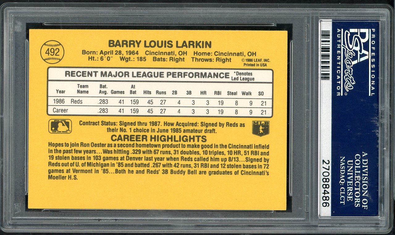 1987 Donruss #492 Barry Larkin Reds PSA 10 GEM MINT 563198