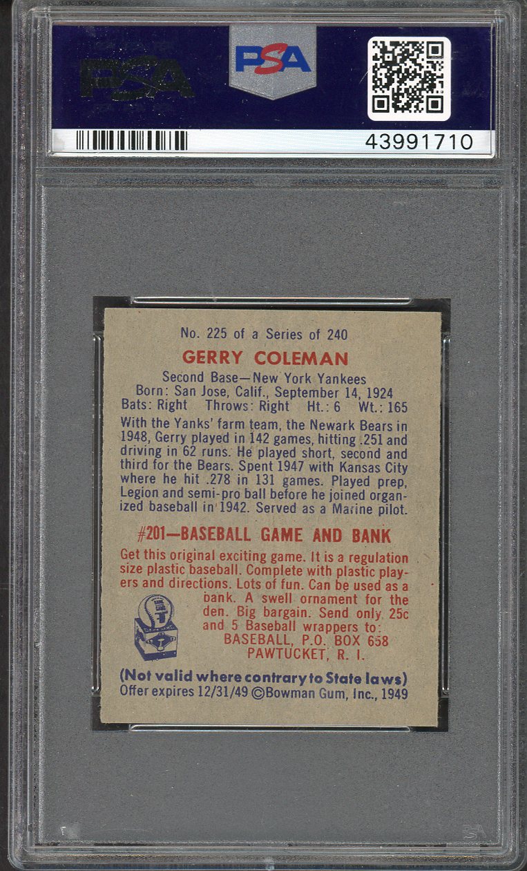 1949 Bowman Baseball #225 Jerry Coleman Yankees PSA 7 NM 563203