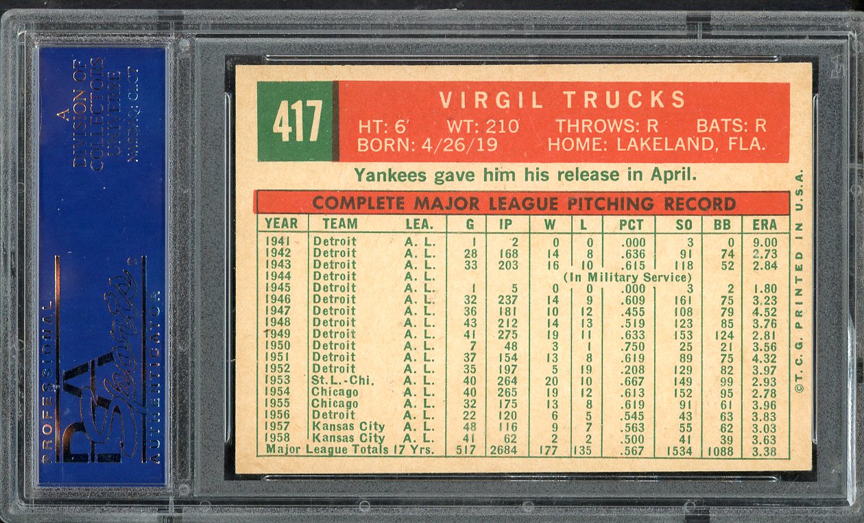 1959 Topps Baseball #417 Virgil Trucks Yankees PSA 5 EX 563223