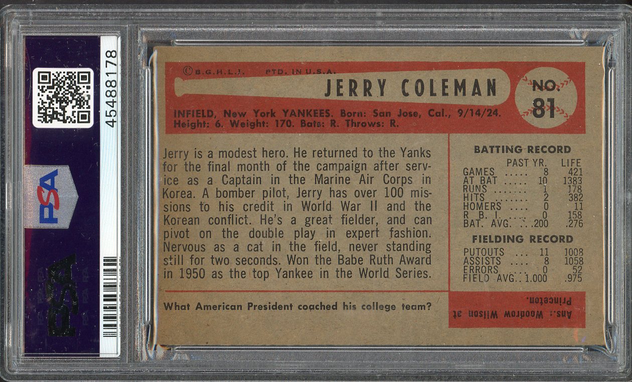 1954 Bowman Baseball #081 Jerry Coleman Yankees PSA 7 NM 563235