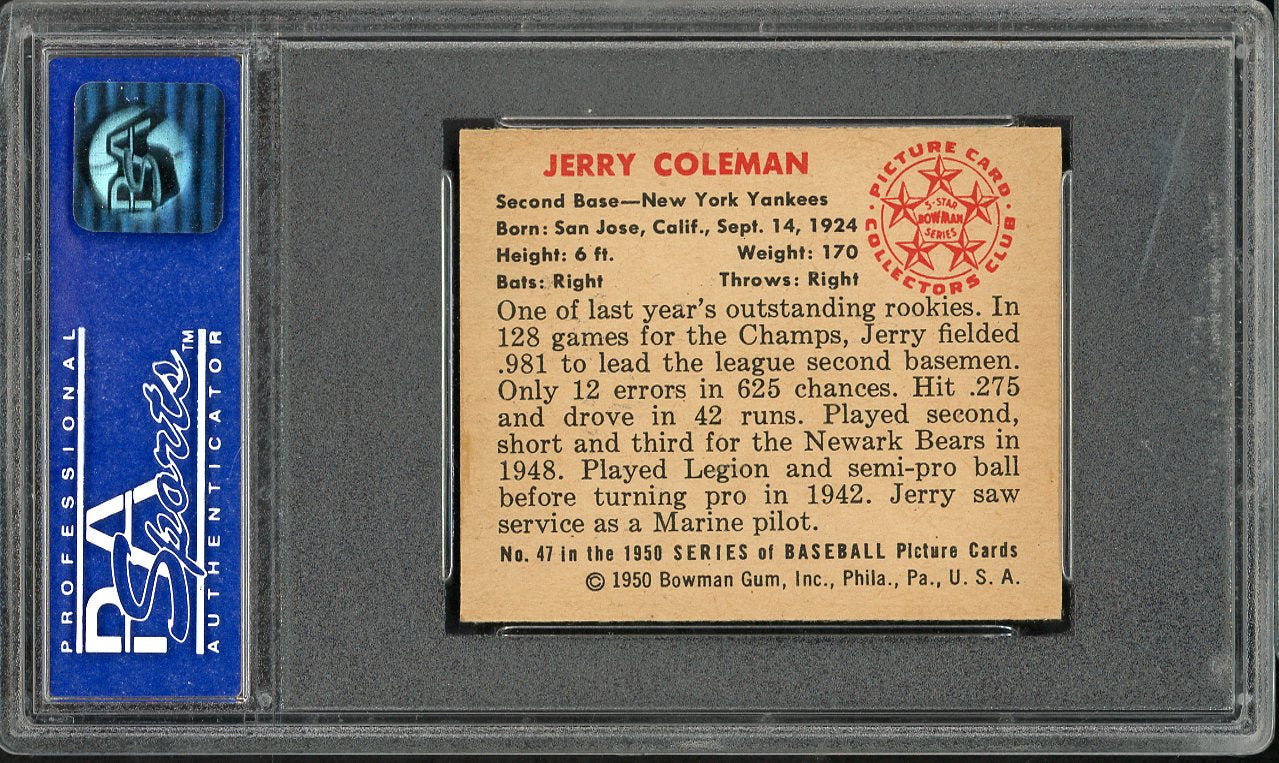 1950 Bowman Baseball #047 Jerry Coleman Yankees PSA 8 NM/MT crack 563237