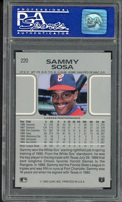 1990 Leaf #220 Sammy Sosa White Sox PSA 9 MINT 563243
