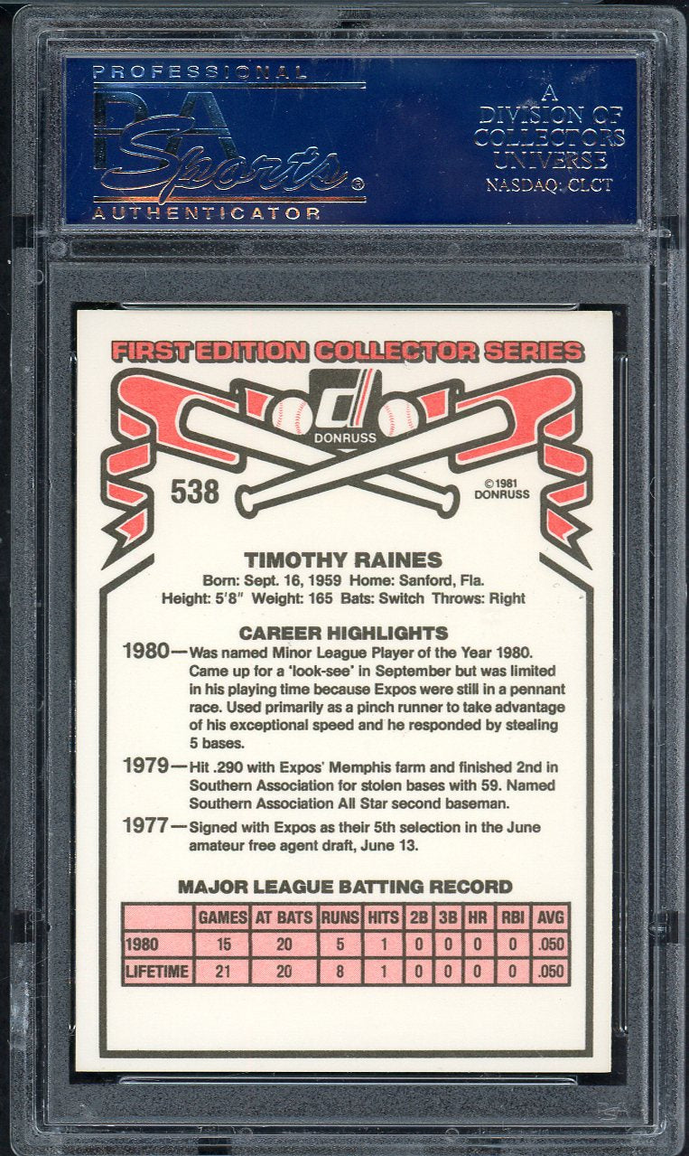 1981 Donruss #538 Tim Raines Expos PSA 10 GEM MINT 563246