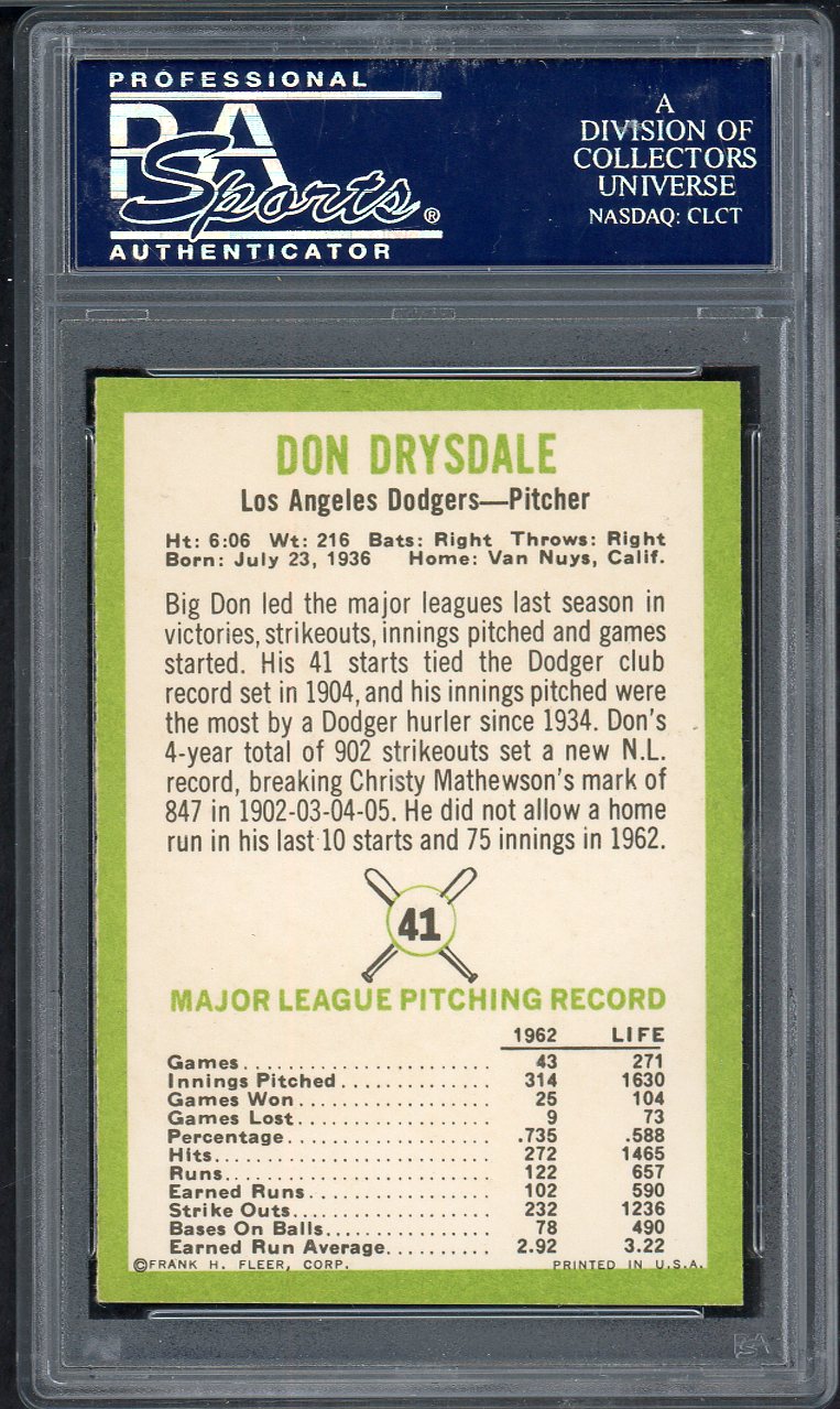 1963 Fleer Baseball #041 Don Drysdale Dodgers PSA 7 NM 563250