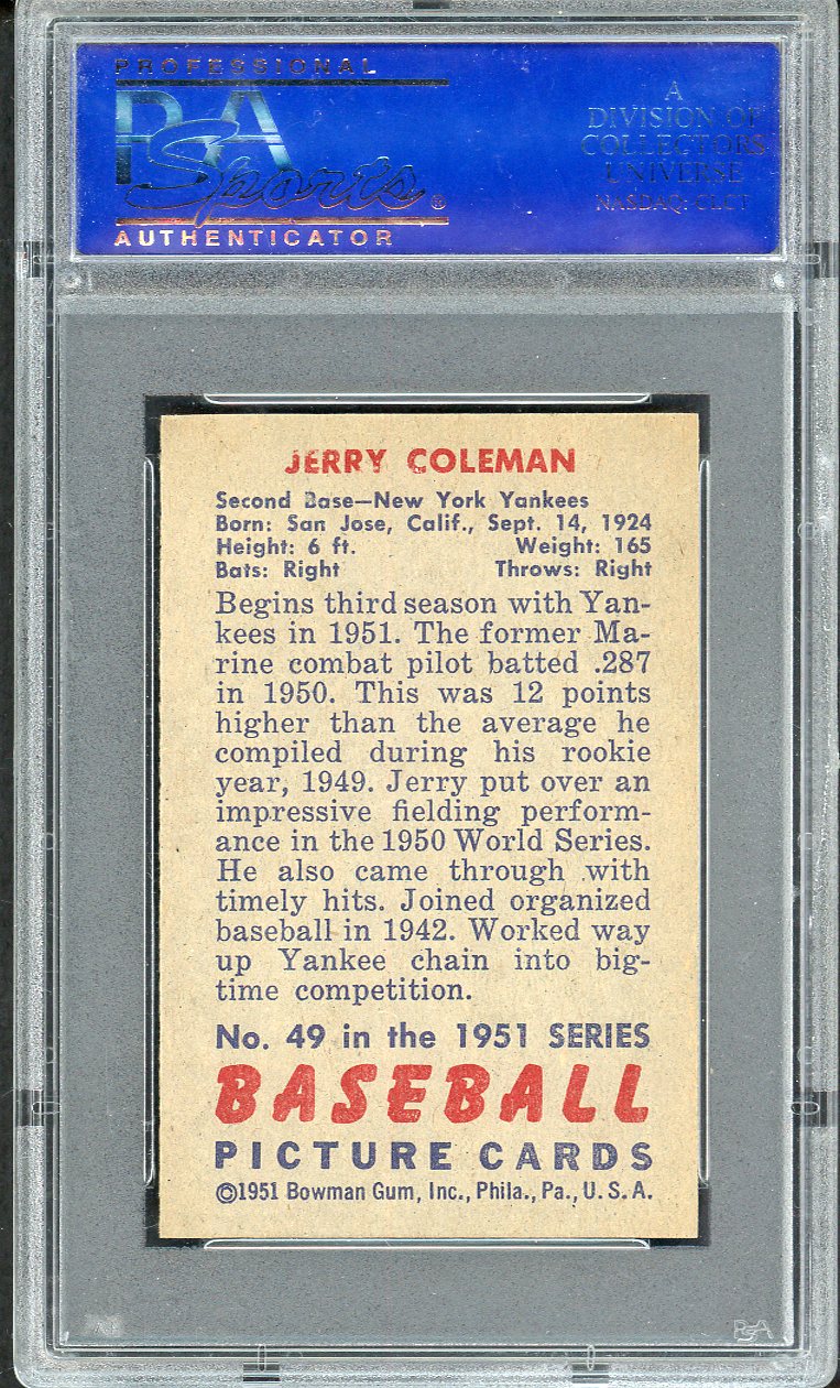 1951 Bowman Baseball #049 Jerry Coleman Yankees PSA 8 NM/MT 563260