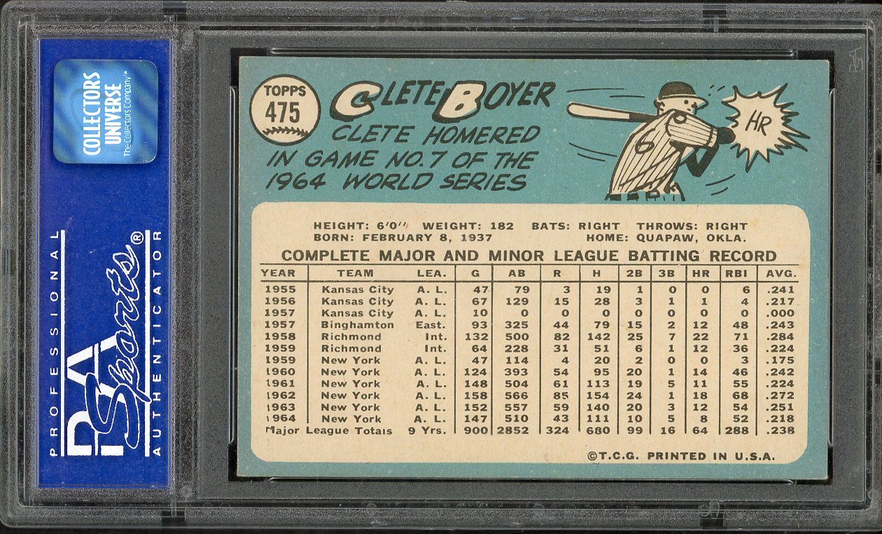 1965 Topps Baseball #475 Clete Boyer Yankees PSA 7 NM 563262