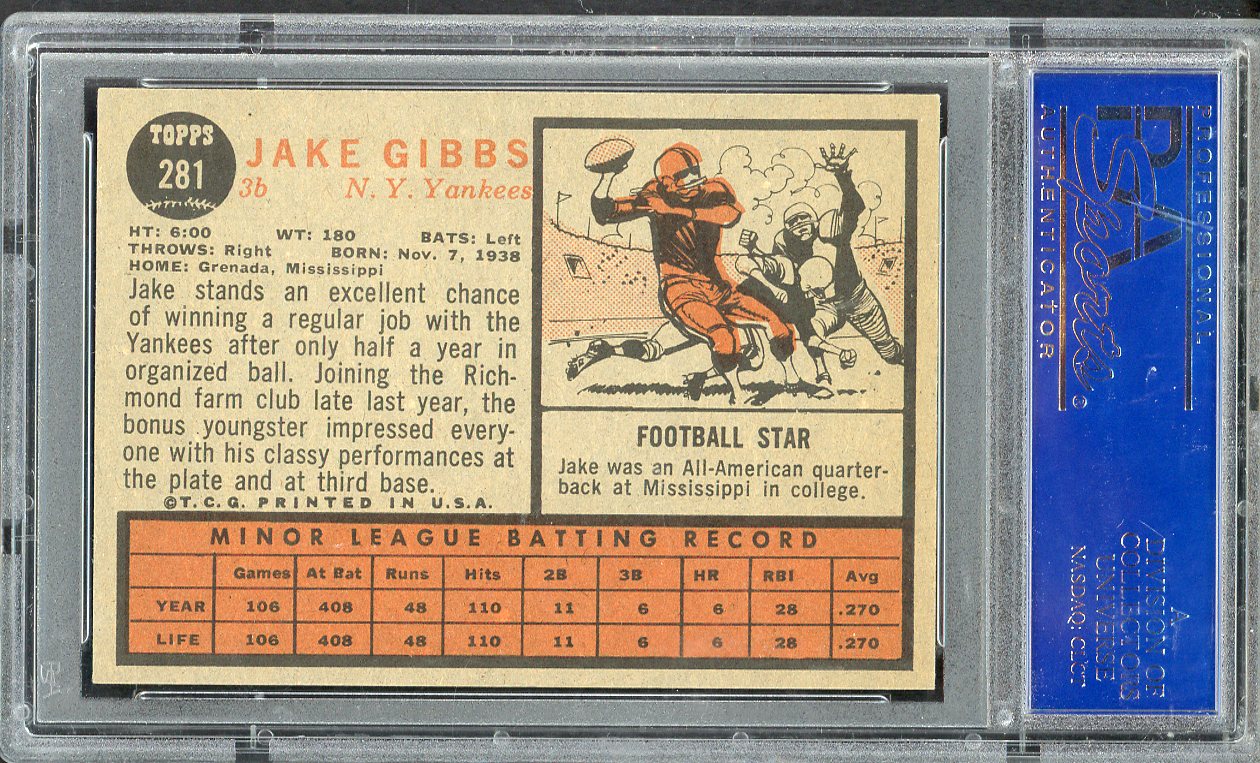1962 Topps Baseball #281 Jake Gibbs Yankees PSA 6 EX-MT 563263