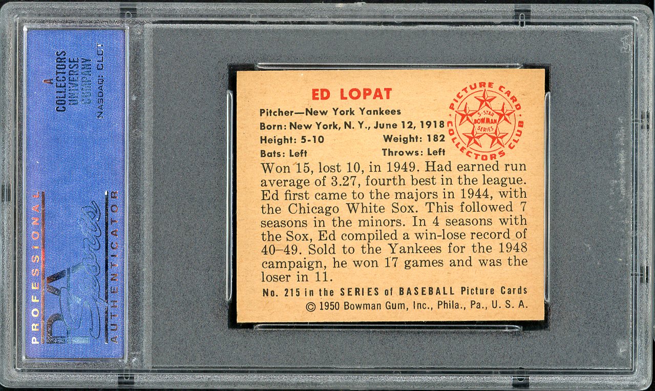 1950 Bowman Baseball #215 Eddie Lopat Yankees PSA 8 NM/MT 563269