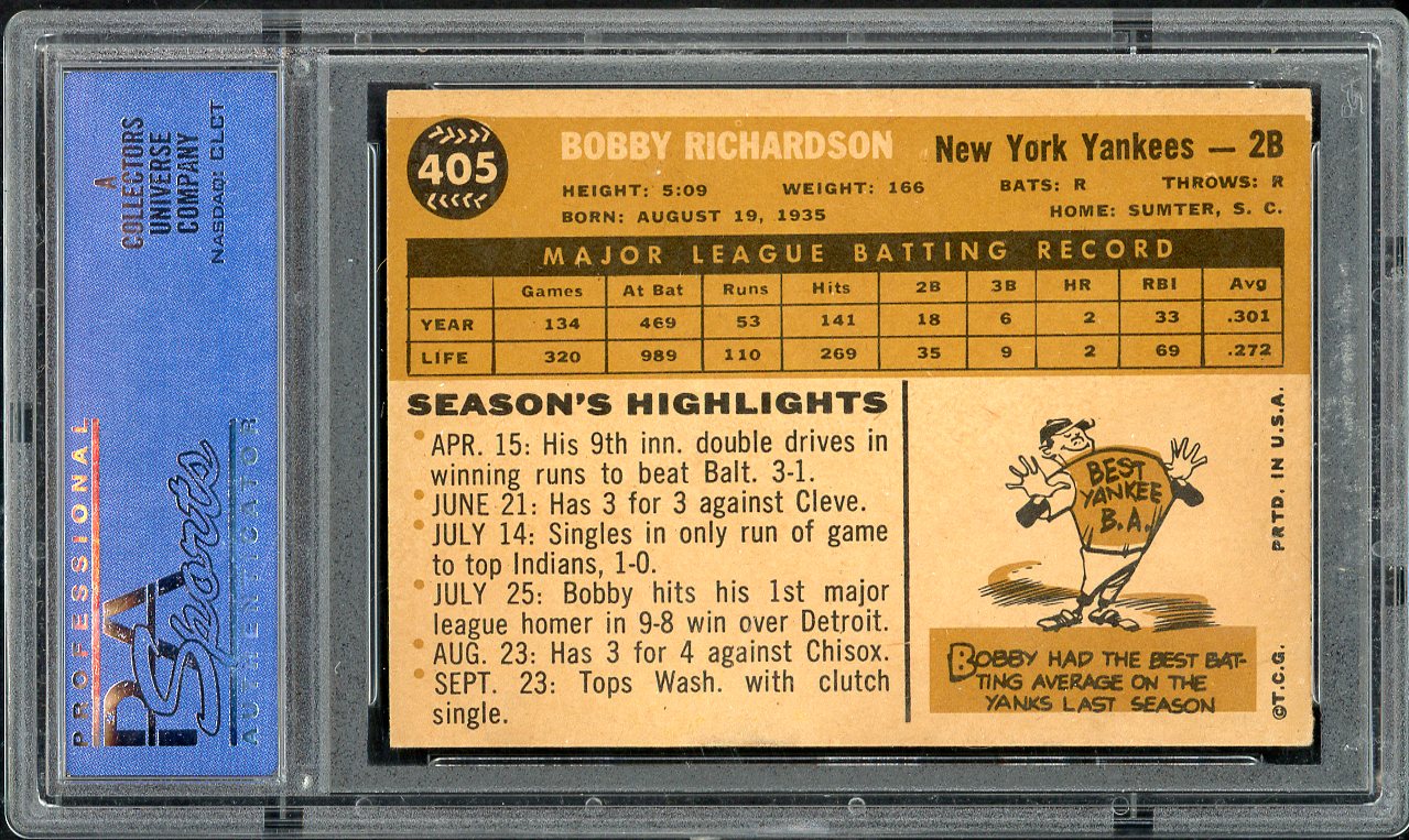 1960 Topps Baseball #405 Bobby Richardson Yankees PSA 7 NM 563277