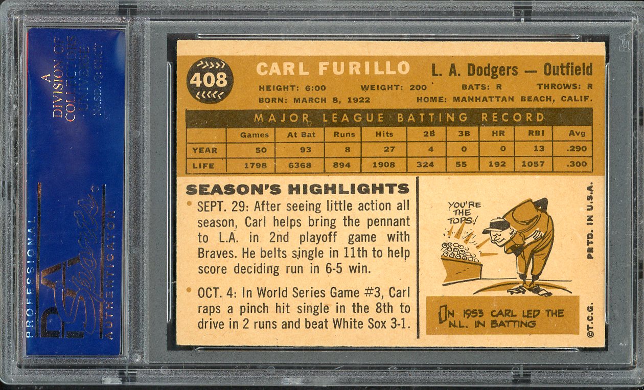 1960 Topps Baseball #408 Carl Furillo Dodgers PSA 6 EX-MT 563279