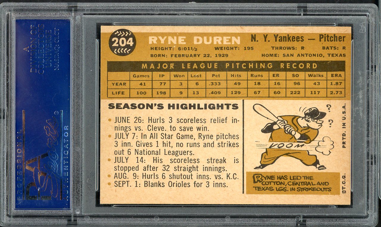 1960 Topps Baseball #204 Ryne Duren Yankees PSA 7 NM 563281