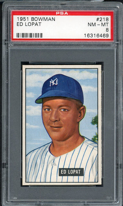 1951 Bowman Baseball #218 Eddie Lopat Yankees PSA 8 NM/MT 563286