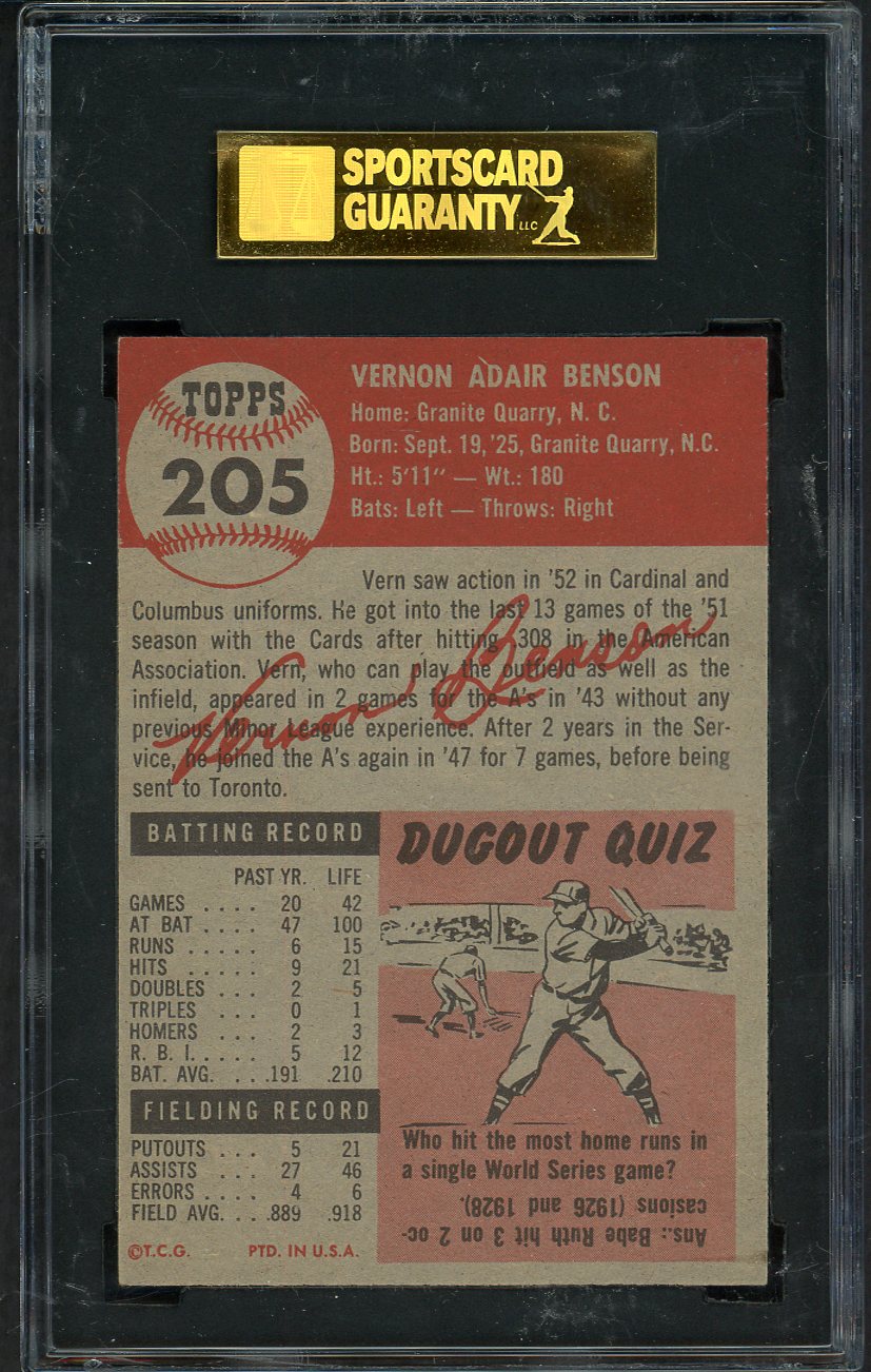 1953 Topps Baseball #205 Vern Benson Cardinals SGC 6 EX-MT 563290