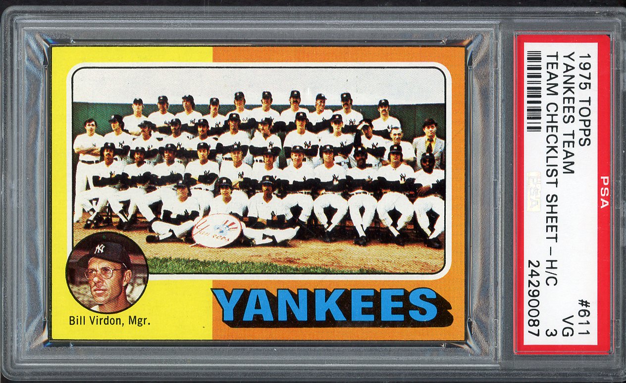 1975 Topps Team Checklists Sheet #611 New York Yankees PSA 3 VG 563292