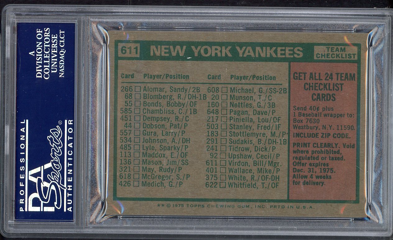 1975 Topps Team Checklists Sheet #611 New York Yankees PSA 3 VG 563292