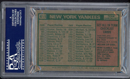 1975 Topps Team Checklists Sheet #611 New York Yankees PSA 3 VG 563292