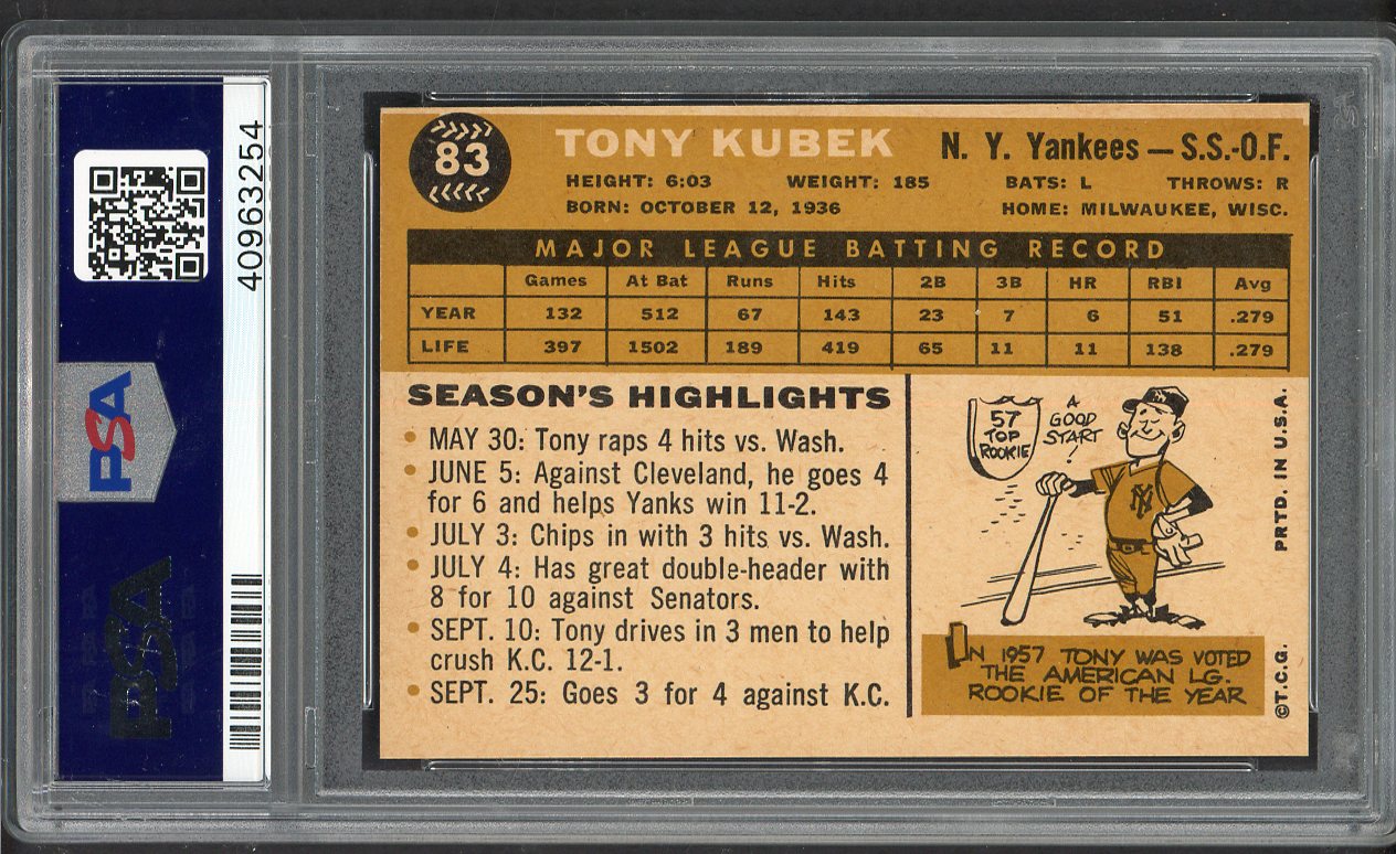 1960 Topps Baseball #083 Tony Kubek Yankees PSA 8 NM/MT 563293
