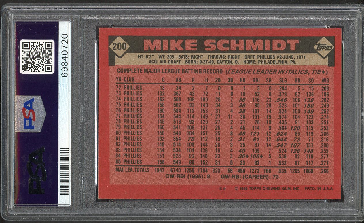 1986 Topps #200 Mike Schmidt Phillies PSA 9 MINT 563312