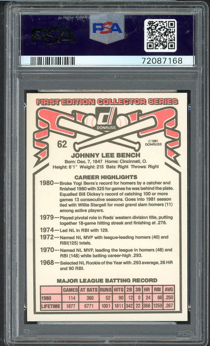 1981 Donruss #062 Johnny Bench Reds PSA 9 MINT 563338